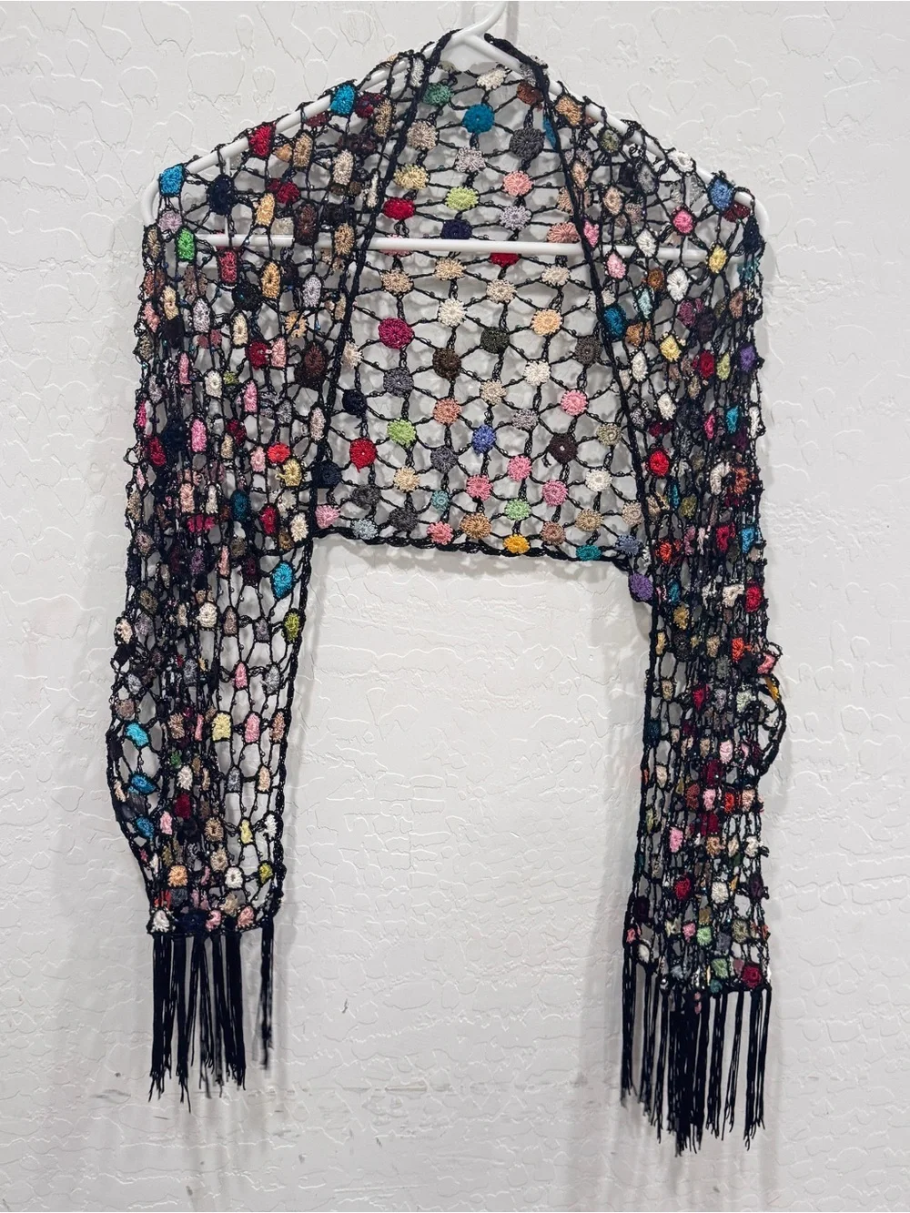 Y2K Cocoon House Knit Fringed Beaded Scarf Wrap Fairycore Dark Romantic Boho